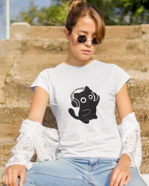 model wearing white t-shirt with black cat fun design