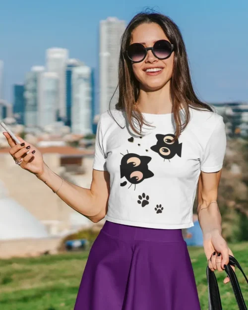 model wearing white t-shirt with black cat fun design