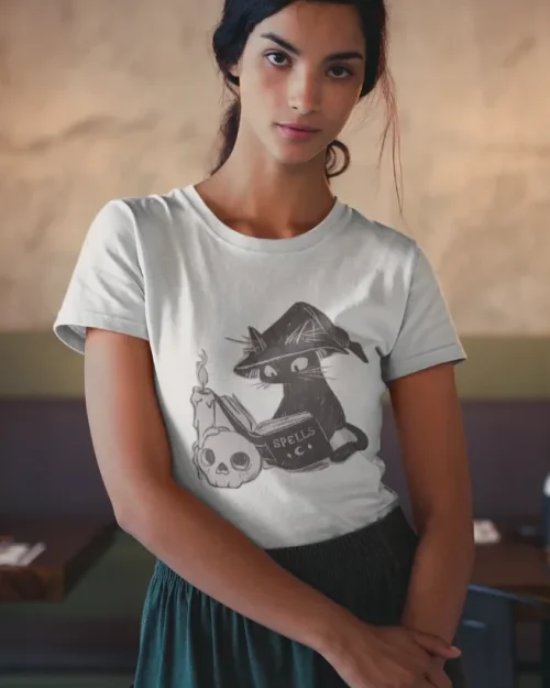 model wearing white t-shirt with black cat fun design