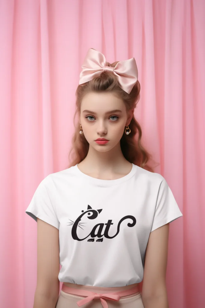 model wearing white t-shirt with black cat fun design