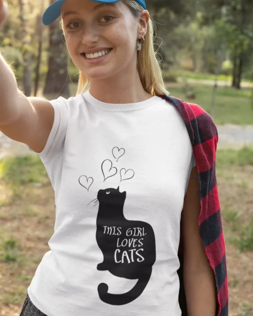 model wearing white t-shirt with black cat fun design