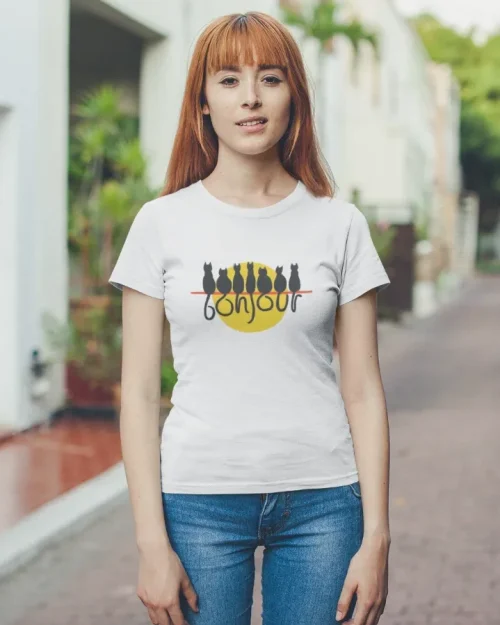 model wearing white t-shirt with black cat fun design