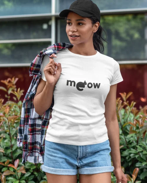 model wearing white t-shirt with black cat fun design meow