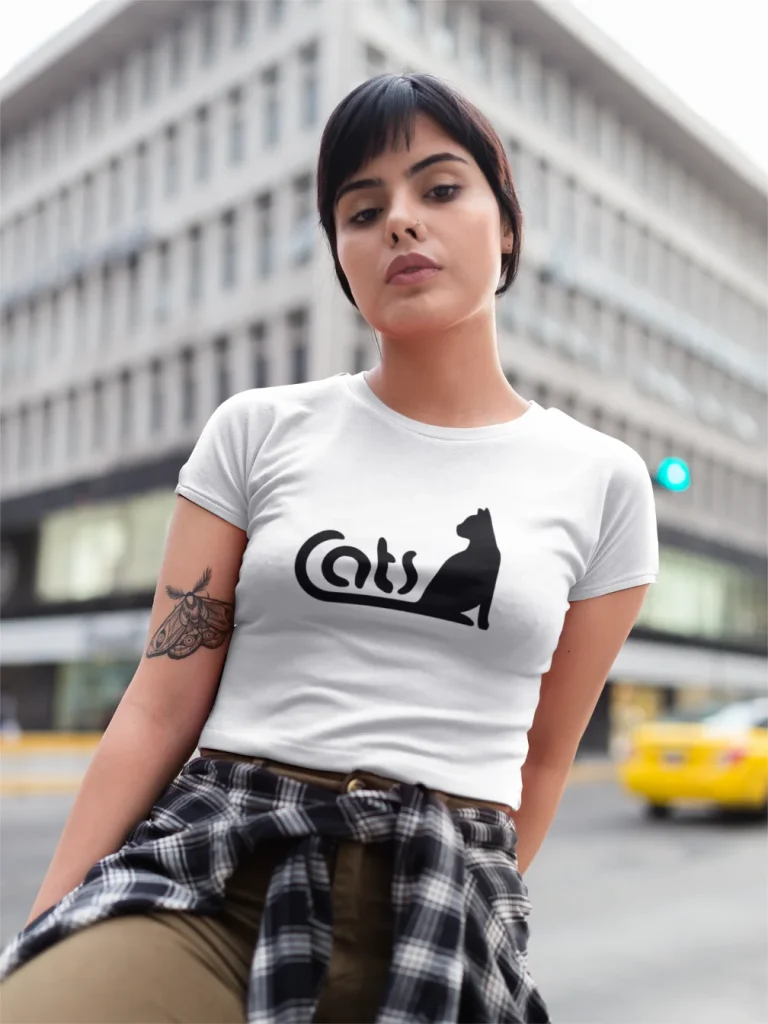 model wearing white t-shirt with black cat fun design