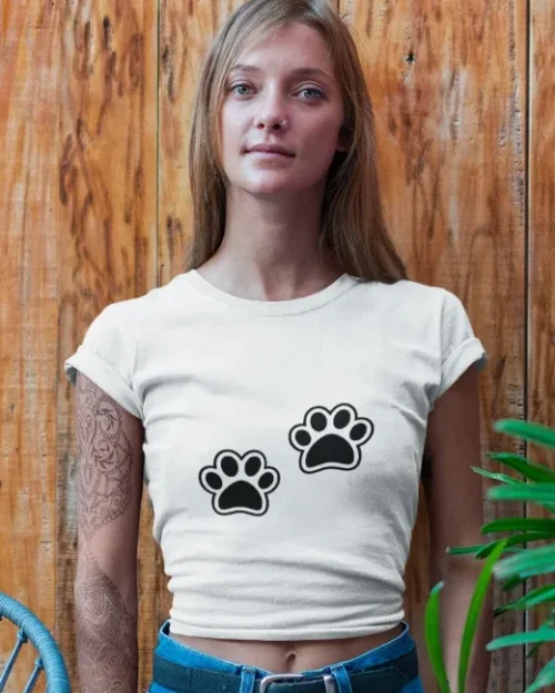 model wearing white t-shirt with black cat fun design