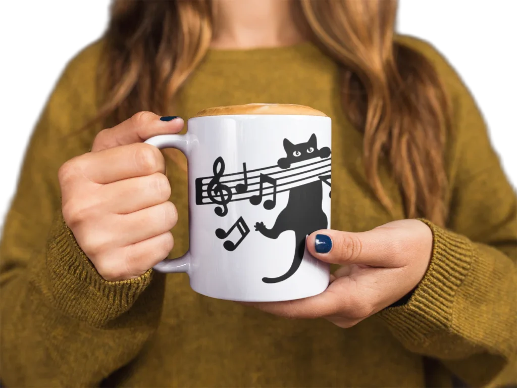 model holding white ceramic mug with void cat design
