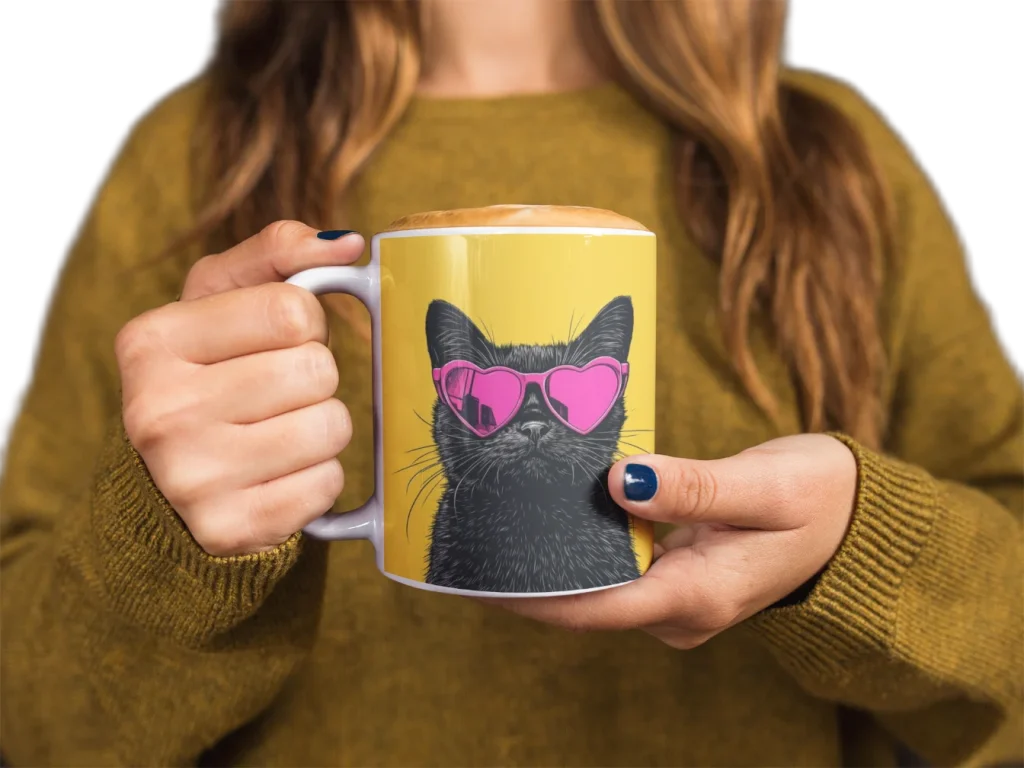 model holding white ceramic mug with void cat design