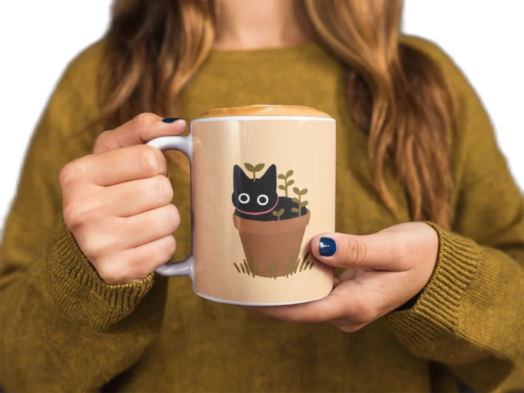 model holding white ceramic mug with void cat design