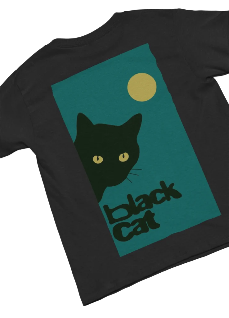 black t-shirt with black cat fun design
