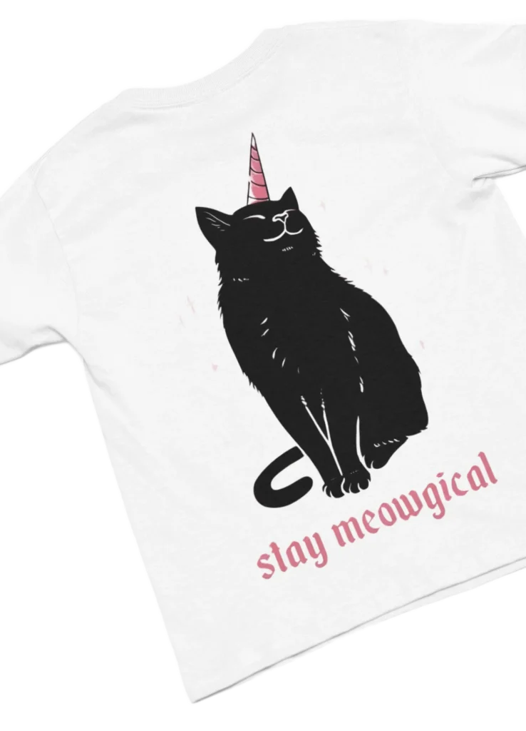 white t-shirt with black cat fun design