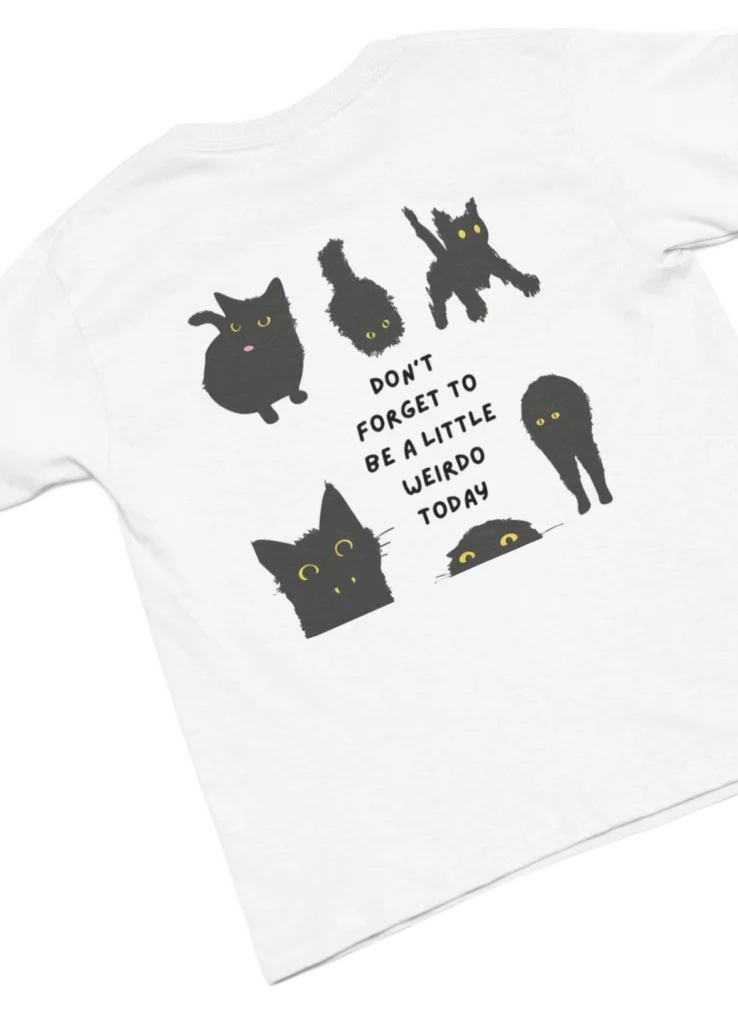 white t-shirt with black cat fun design