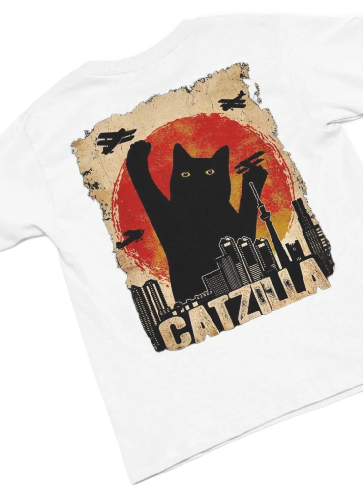 white t-shirt with black cat fun design
