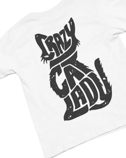 white t-shirt with black cat fun design