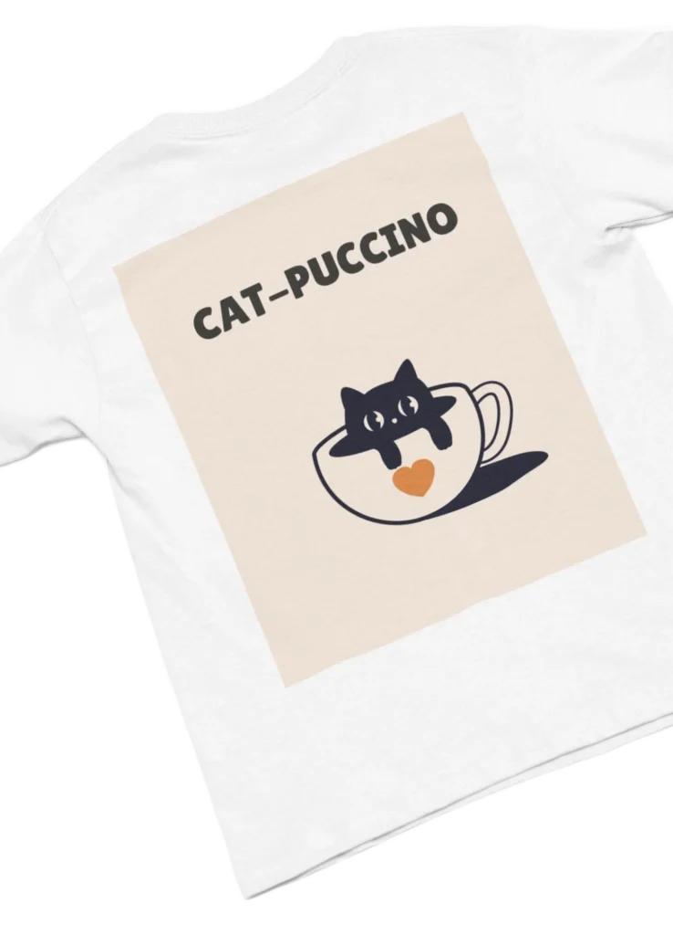 white t-shirt with black cat fun design